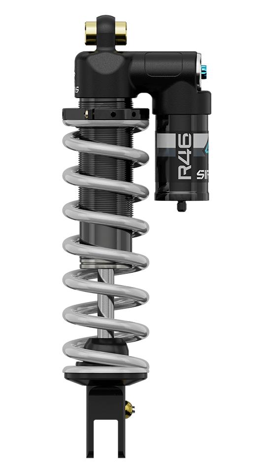 Sirris R46 Rear Shock for electric dirt bikes, compatible with racing models like the KTM Freeride E-XC, Zero FX, Sur-Ron Light Bee X, and Yamaha YZ250F conversions.