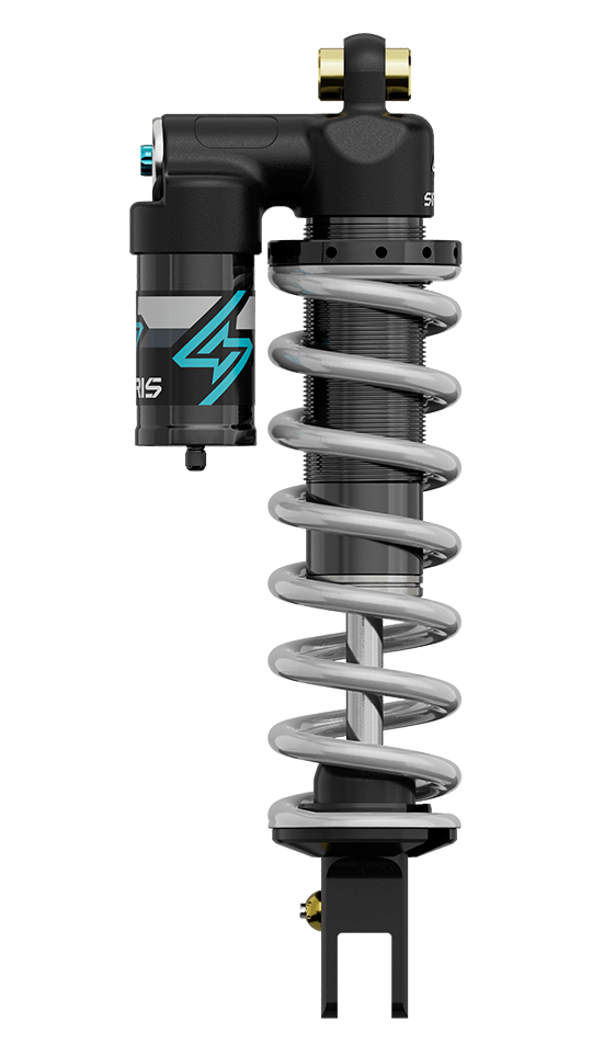 Sirris R46 Rear Shock for electric dirt bikes, compatible with racing models like the KTM Freeride E-XC, Zero FX, Sur-Ron Light Bee X, and Yamaha YZ250F conversions. Side view.