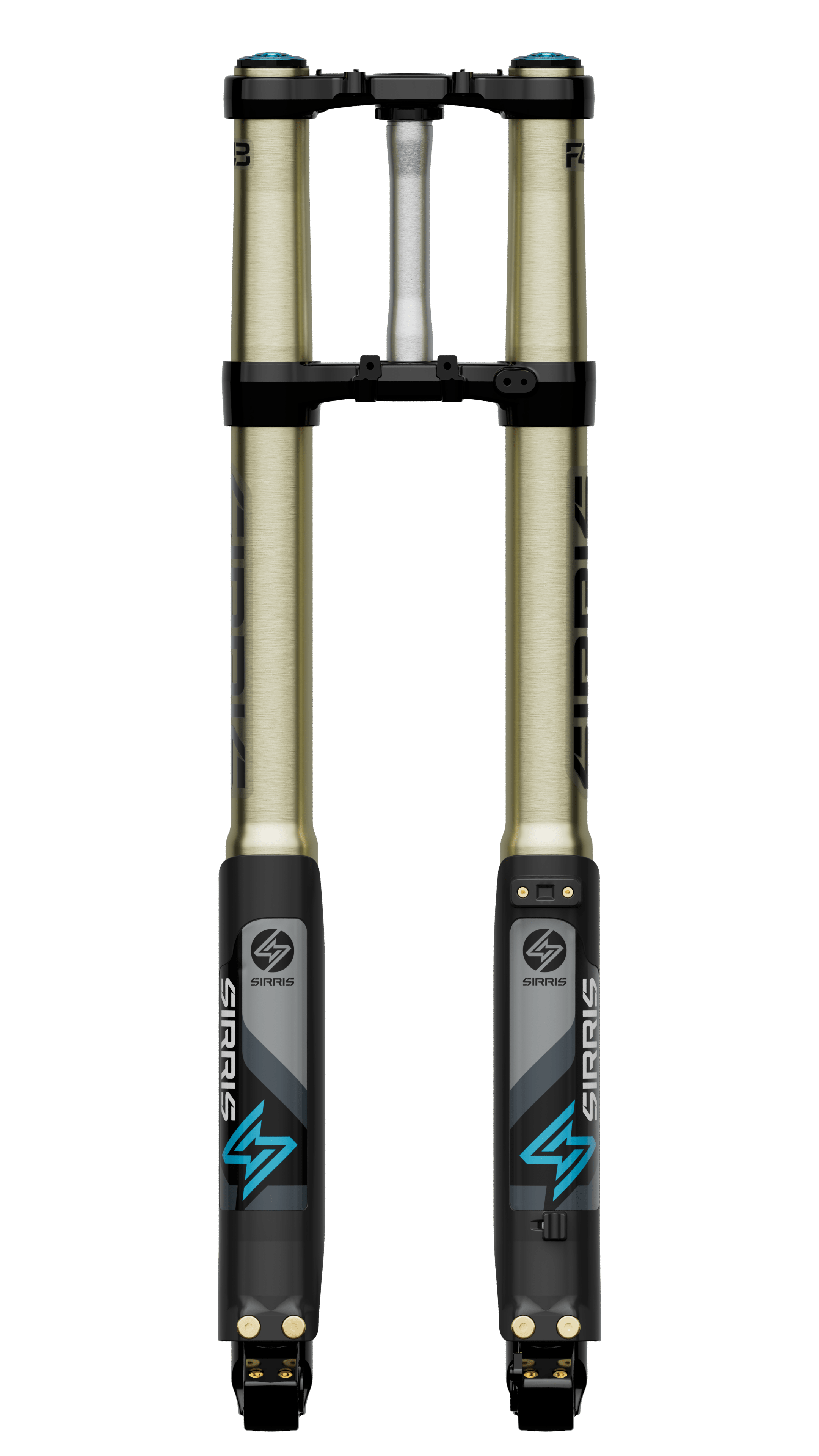 3D render of Sirris F43 fork suspensions for electric dirt bikes.